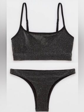 NWT Aerie FULL SET Sparkle Straight Scoop Bikini Top + Cheeky Bottom Black - S